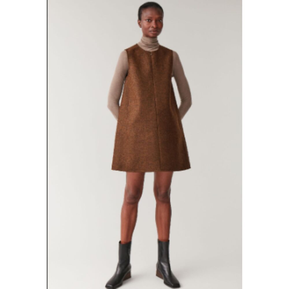 COS | Brown Wool Mix Zip Neck Minimalist Sleeveless Mid  Dress w/Pockets Size 12